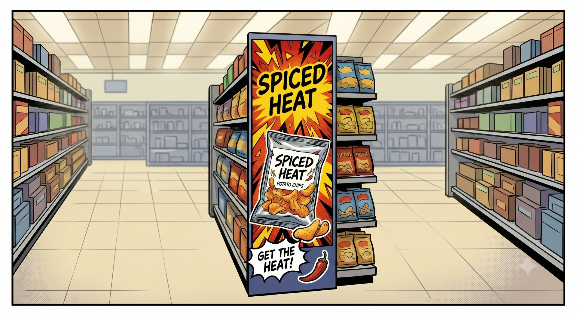 Supermarket aisle with stocked shelves